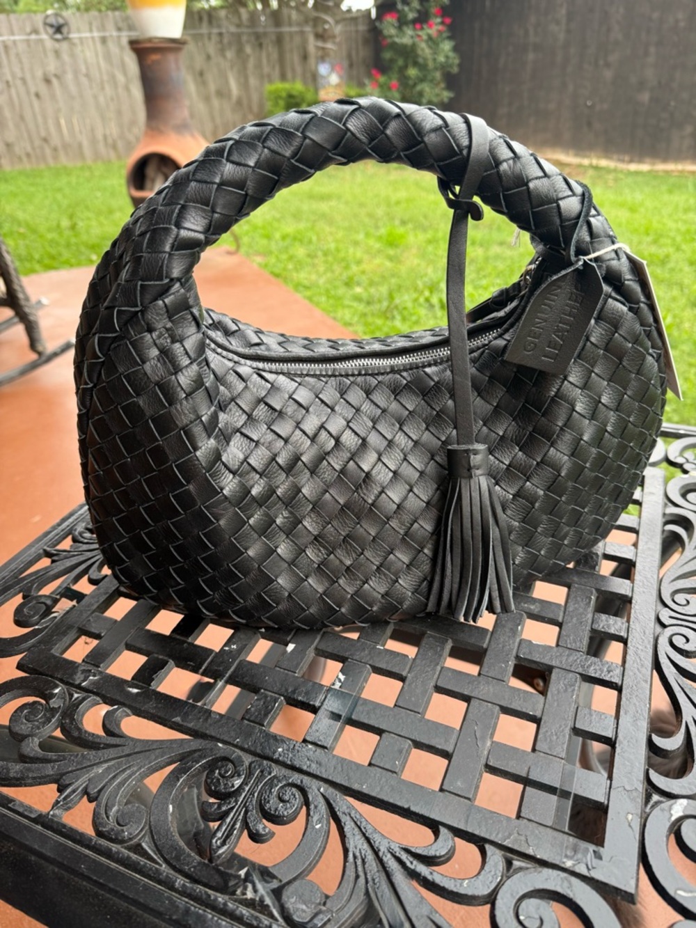 Handcrafted Woven Black Leather Hobo Bag Oversized Braided Handle Tassel Purse - Picture 7 of 7